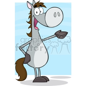 A cartoon illustration of a happy, smiling horse standing on two legs with one arm raised in a waving gesture.