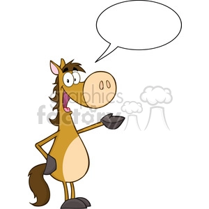 A cheerful cartoon horse with an empty speech bubble. The horse is standing on two legs, smiling, and appears to be talking or presenting.