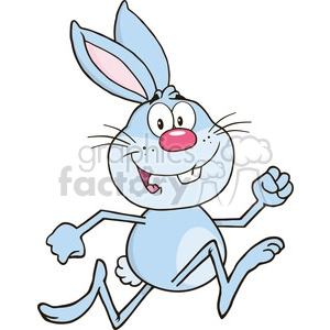 A cheerful cartoon blue bunny rabbit with large ears, a pink nose, and a happy expression, depicted in a running pose.