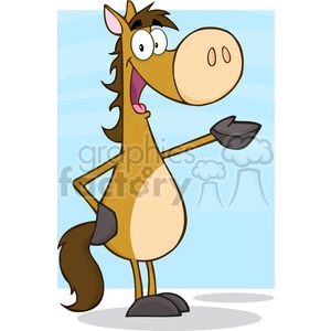 A cheerful cartoon horse standing upright, smiling, and gesturing with one hoof in a playful pose against a light blue background.