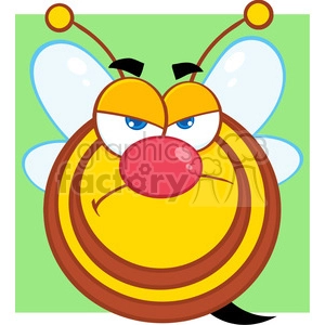 A colorful cartoon image of an angry bee with a red nose and blue wings, set against a light green background.