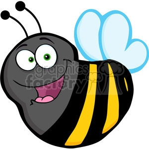 A colorful and cheerful cartoon bee with green eyes, black and yellow striped body, and blue wings, appearing to be smiling.