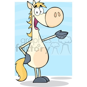 A cartoon horse character with a cheerful expression, standing upright on two hooves, with one hoof pointing forward and the other resting on its hip. The horse is in a light blue background.
