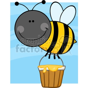 A cute cartoon bee with black and yellow stripes holding a bucket of honey.