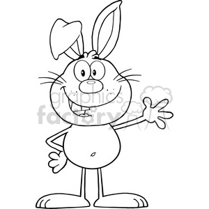 A black and white clipart image of a cheerful cartoon rabbit with one raised paw, large eyes, buck teeth, and elongated ears.