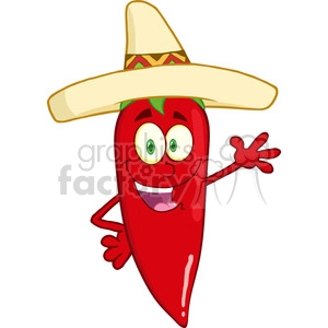 6777 Royalty Free Clip Art Smiling Red Chili Pepper Cartoon Character With Mexican Hat Waving For Greeting