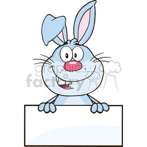 Cartoon blue rabbit with big eyes, large pink nose, and long ears standing behind a blank sign.