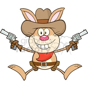 Royalty Free RF Clipart Illustration Cowboy Rabbit Cartoon Character Holding Up Two Revolvers