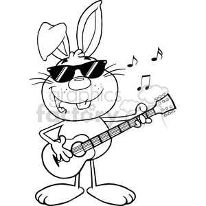 A black and white clipart image of a smiling cartoon bunny wearing sunglasses and playing a guitar. Musical notes are floating around the bunny's head.