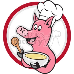 pig chef holding bowl of soup and spoon front