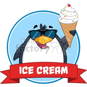 Illustration Smiling Penguin With Sunglasses And Ice Cream Circle Banner