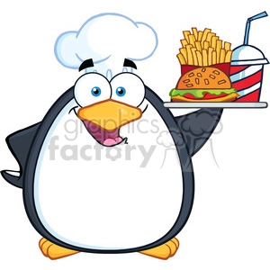 Royalty Free RF Clipart Illustration Chef Penguin Holding A Platter With French Fries And A Soda
