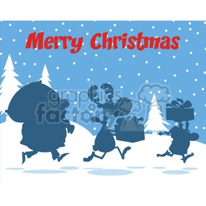 Merry Christmas Greeting With Santa Claus Reindeer And Elf Silhouettes