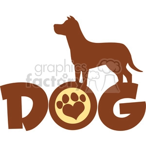 Illustration of the word 'DOG' with the silhouette of a dog standing on the letters and a paw print with a paw print heart inside the letter 'O'.