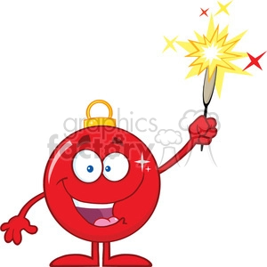 Clipart Illustration Happy Red Christmas Ball Cartoon Character Giving A Fireworks