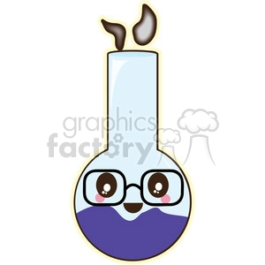 A cartoon laboratory jar with glasses on. Fumes are rising from the top as if a reaction is happening, or heat is coming off. The liquid inside is blue