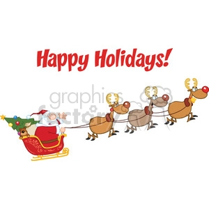 Happy Holidays Greeting With Santa Claus In Flight With His Reindeer And Sleigh