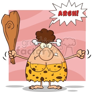 10047 angry brunette cave woman cartoon mascot character holding up a fist and a club vector illustration with speech bubble and text argh