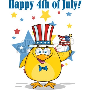 Royalty Free RF Clipart Illustration Patriotic Yellow Chick Cartoon Character Waving An American Flag On Independence Day Vector Illustration Isolated On White With Text