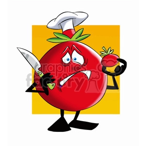 tom the cartoon tomato character not wanting to cut a tomato