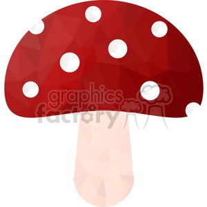 A geometric clipart image of a red mushroom with white spots.