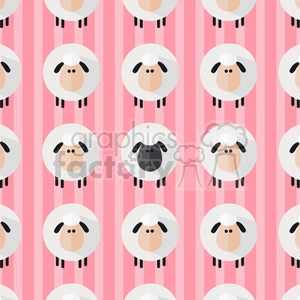 The image is a seamless pattern featuring stylized cartoon sheep or lambs. They are circular in shape with a fluffy white appearance, black ears, and simple facial features. There is one black sheep among the white ones, which adds a humorous twist to the pattern. The background of the image consists of vertical pink and lighter pink stripes that run parallel to each other.