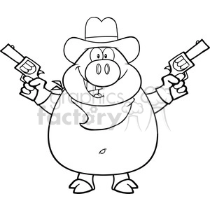 Royalty Free RF Clipart Illustration Black And White Cowboy Pig Cartoon Character Holding Up Two Revolvers