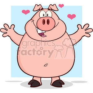 The image shows a cartoon pig standing and smiling with its arms open wide. The pig appears to be cheerful and welcoming, with a big friendly grin on its face. It has large eyes with two small hearts floating above its head, indicating a feeling of love or happiness. The background is split into two colors, with the left side being blue and the right side being white.