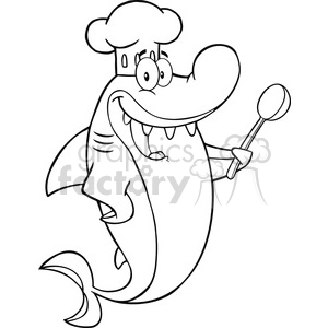 The clipart image shows a whimsical drawing of a shark standing upright, wearing a chef's hat, and holding a spoon. The shark is smiling and has a cartoonish, friendly appearance.