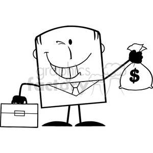 Royalty Free RF Clipart Illustration Black And White Winking Businessman With Briefcase Holding A Money Bag Cartoon Character