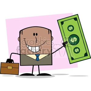 Royalty Free RF Clipart Illustration Lucky African American Businessman With Briefcase Holding A Dollar Bill Cartoon Character On Background
