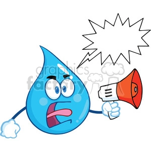 Royalty Free RF Clipart Illustration Angry Water Drop Character Screaming Into Megaphone With Speech Bubble