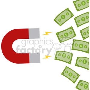 The clipart image depicts a horseshoe magnet attracting cash money in a flat design style. It is likely used to represent the concept of financial success or profitability in a business context. There are no specific individuals portrayed in the image, but it could be interpreted as relevant to various roles such as a businessman, CEO, owner, salesman, or boss.
