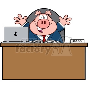 Royalty Free RF Clipart Illustration Businessman Pig Cartoon Mascot Character Behind Desk