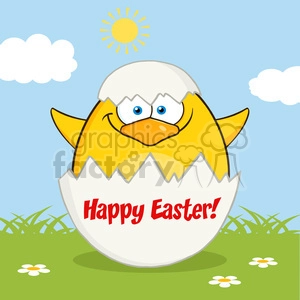 8624 Royalty Free RF Clipart Illustration Surprise Yellow Chick Cartoon Character Out Of An Egg Shell Vector Illustration With Text And Background