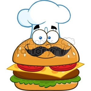 The clipart image shows a cartoon mascot of a smiling chef holding a hamburger sandwich. The character is depicted in a funny and playful manner, and it is isolated on a white background.
