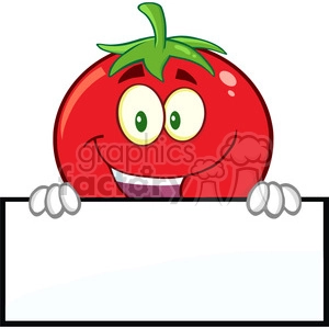 8390 Royalty Free RF Clipart Illustration Smiling Tomato Cartoon Mascot Character Over A Blank Sign Vector Illustration Isolated On White