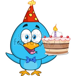 8847 Royalty Free RF Clipart Illustration Happy Blue Bird Cartoon Character Holding Up A Birthday Cake Vector Illustration Isolated On White