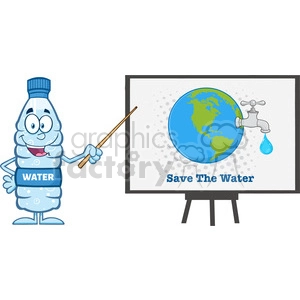 9387 water plastic bottle cartoon mascot character using a pointer stick by a board with earth globe with water faucet and drop vector illustration isolated on white