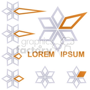 Geometric star shapes with orange and grey outlines, repeated in various configurations alongside placeholder text 'LOREM IPSUM'.