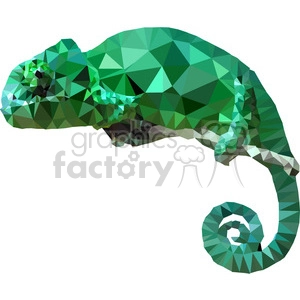 A low-poly clipart image of a green chameleon with a curled tail.