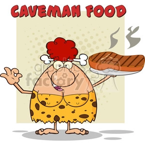 red hair cave woman cartoon mascot character holding a big steak and gesturing ok vector illustration with text caveman food