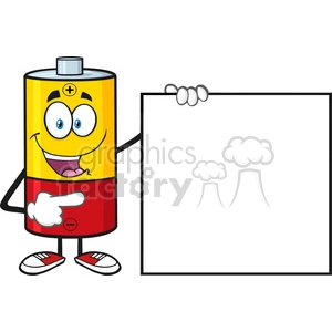 royalty free rf clipart illustration battery cartoon mascot character pointing to a blank sign vector illustration isolated on white