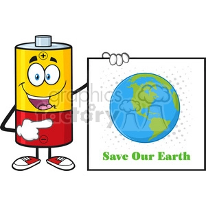 royalty free rf clipart illustration talking battery cartoon mascot character pointing to a sign save our earth vector illustration isolated on white