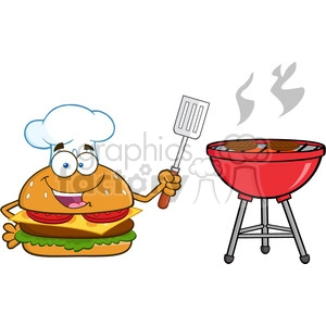 illustration chef burger cartoon mascot character holding a slotted spatula by a barbecue vector illustration isolated on white background