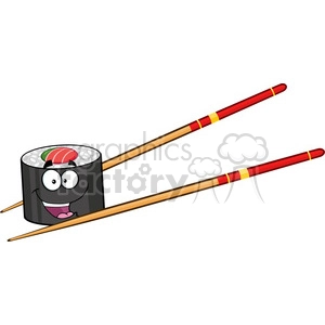 illustration happy sushi roll cartoon mascot character with chopsticks vector illustration isolated on white