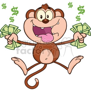 royalty free rf clipart illustration greedy monkey cartoon character jumping with cash money vector illustration isolated on white