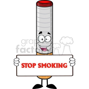 Clipart image of a cigarette with a face, holding a sign that says 'STOP SMOKING'.