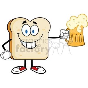 A cheerful cartoon slice of bread holding a frothy beer mug while smiling widely. The bread slice has big blue eyes, expressive eyebrows, white gloves, and is wearing red and white sneakers.