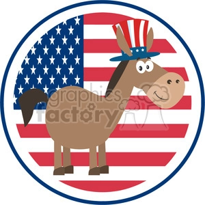 9317 funny democrat donkey cartoon character with uncle sam hat over usa flag label vector illustration flat design style isolated on white